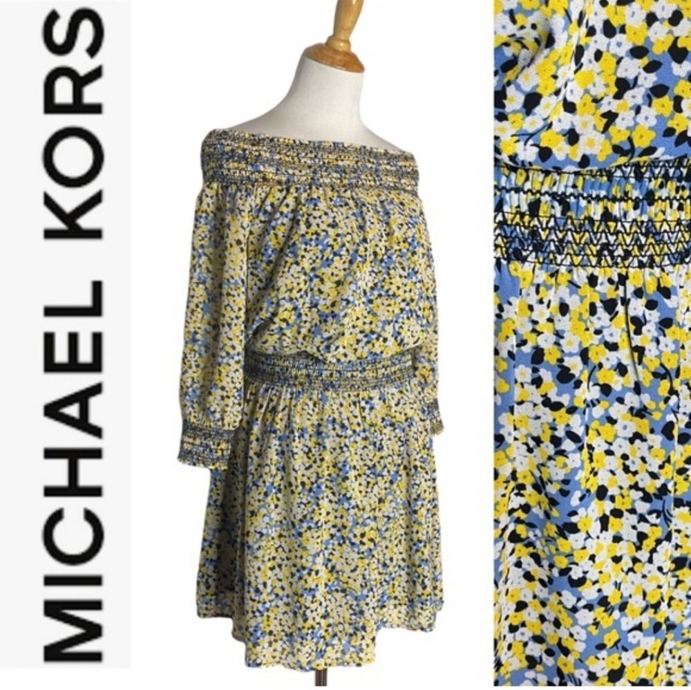 Michael Kors off the shoulder drop waist dress, blue yellow white floral - XS